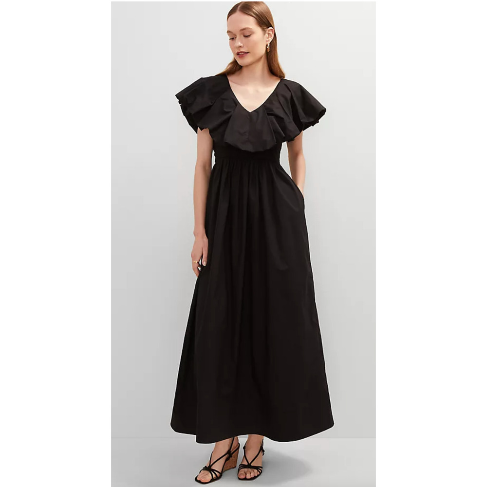 NWT ANN TAYLOR BLACK PETITE RUFFLE COLLAR MAXI FLARE DRESS SZ 6